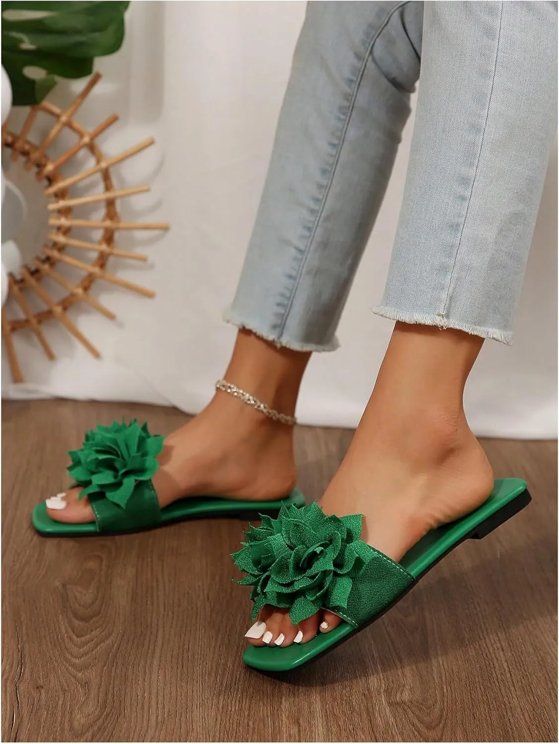 Women's 3D Floral Flat Sandals Dressy Square Open Toe Sandals Single Band Casual Slip on Slides
