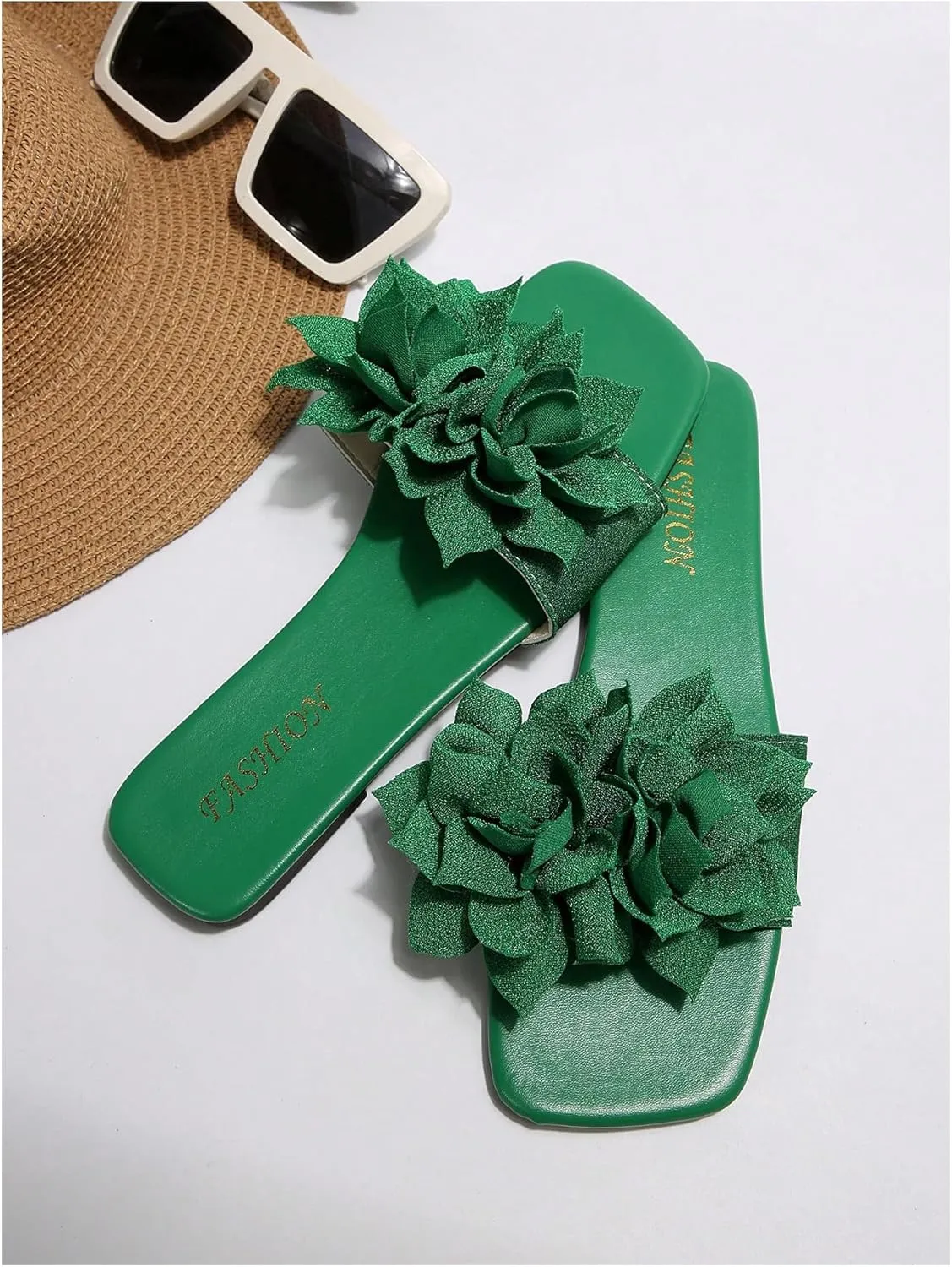 Women's 3D Floral Flat Sandals Dressy Square Open Toe Sandals Single Band Casual Slip on Slides