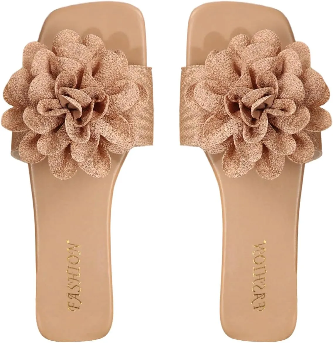 Women's 3D Floral Flat Sandals Dressy Square Open Toe Sandals Single Band Casual Slip on Slides
