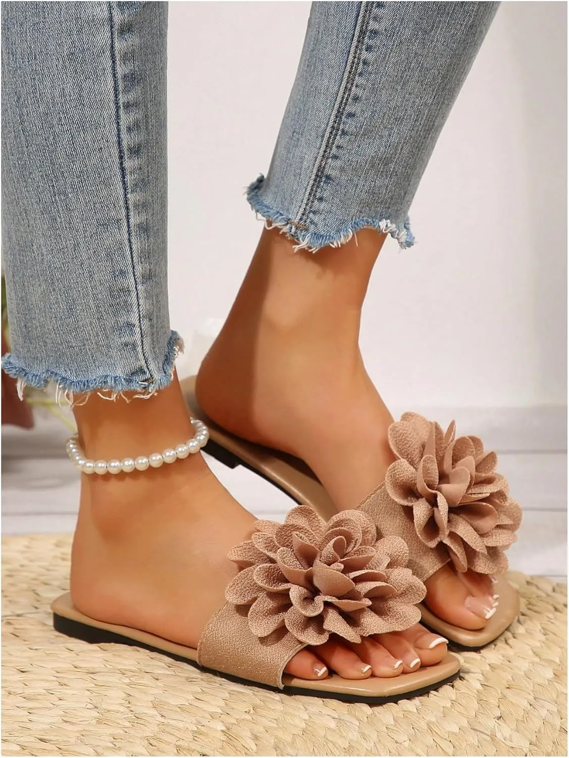 Women's 3D Floral Flat Sandals Dressy Square Open Toe Sandals Single Band Casual Slip on Slides