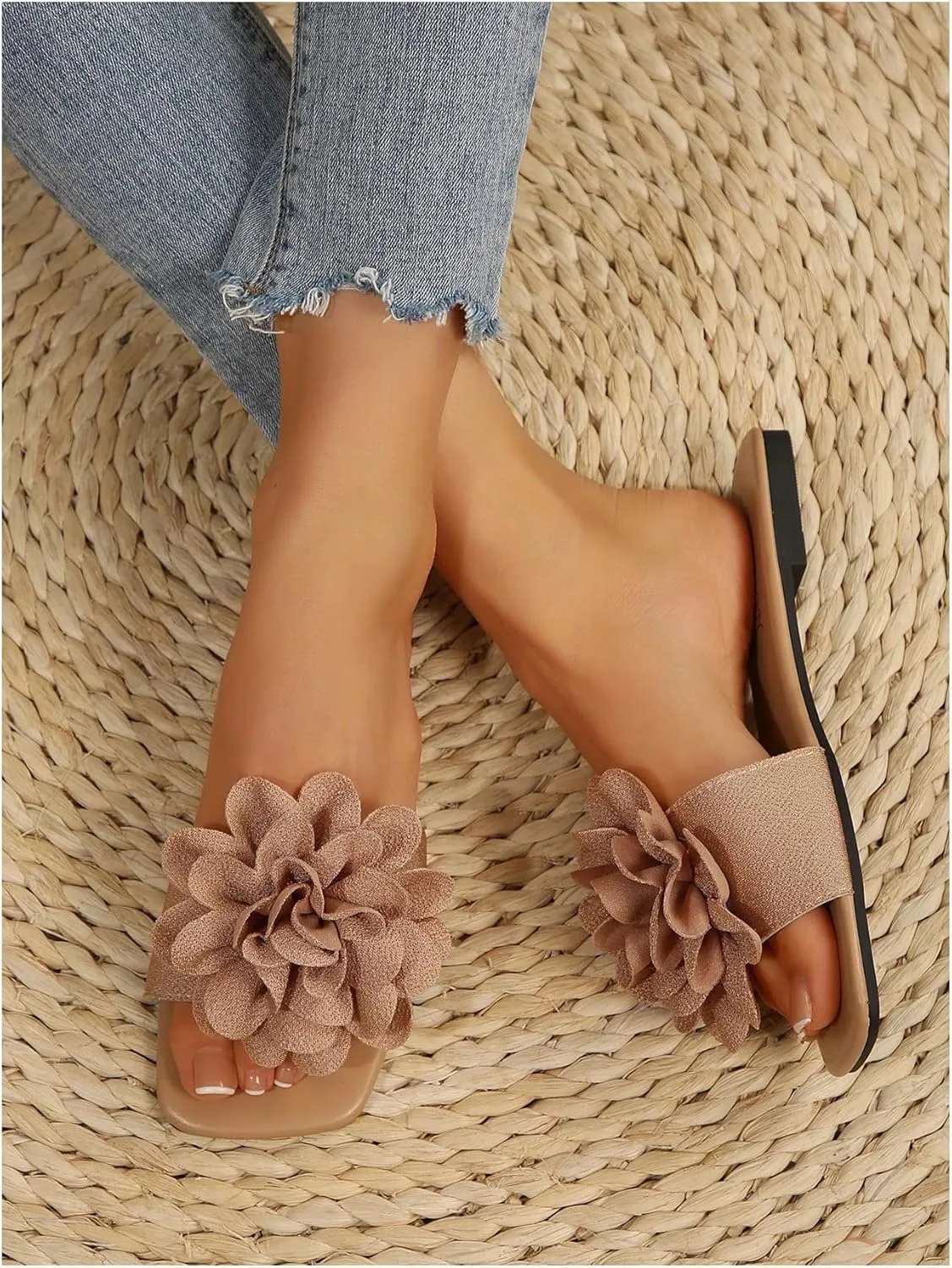 Women's 3D Floral Flat Sandals Dressy Square Open Toe Sandals Single Band Casual Slip on Slides