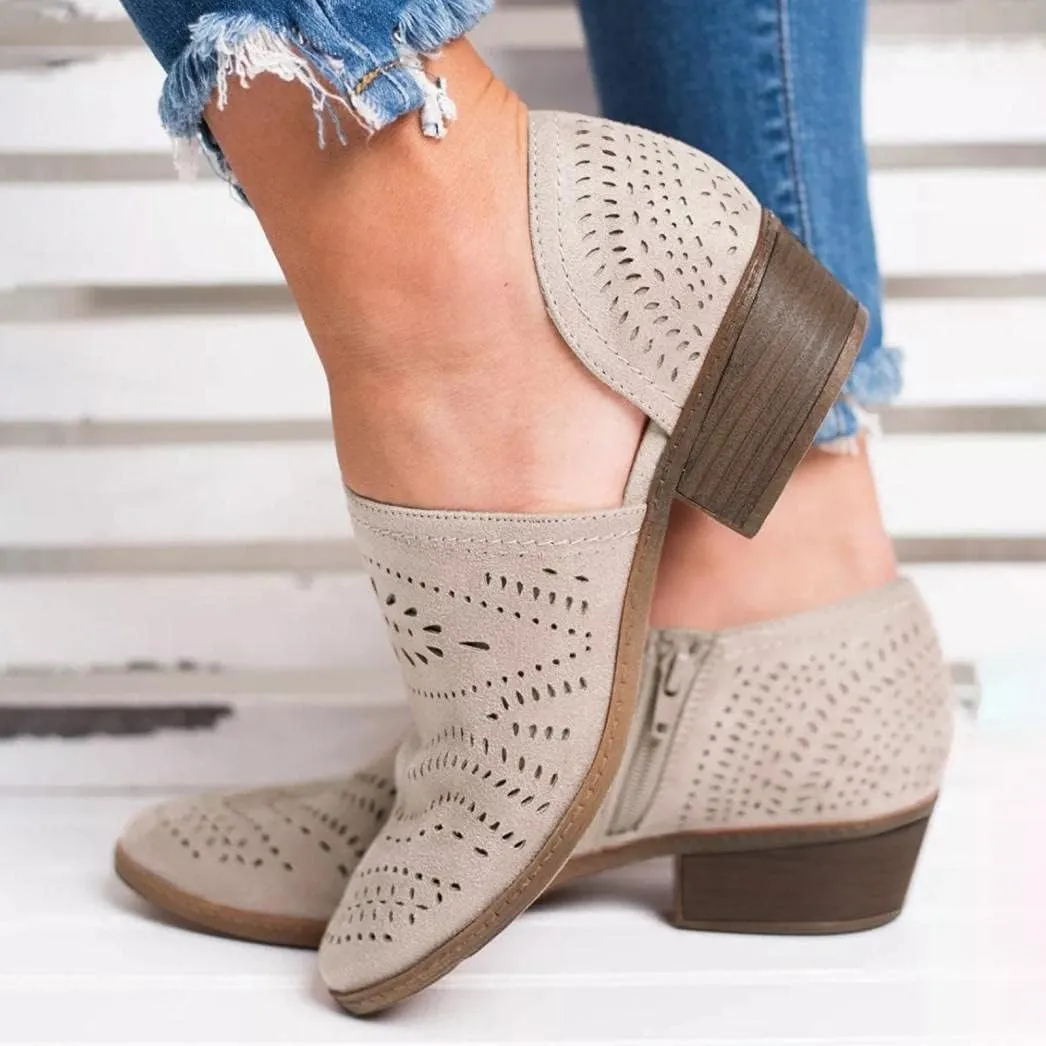 Women's Booties Boho Round Toe Hollow Out V Cut Slip On Chunky Mid Heels Ankle Boots Bohemian Beach Travel Sandals Shoes