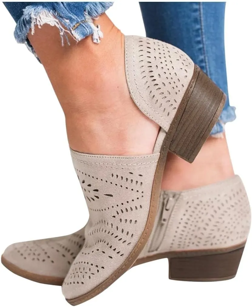 Women's Booties Boho Round Toe Hollow Out V Cut Slip On Chunky Mid Heels Ankle Boots Bohemian Beach Travel Sandals Shoes