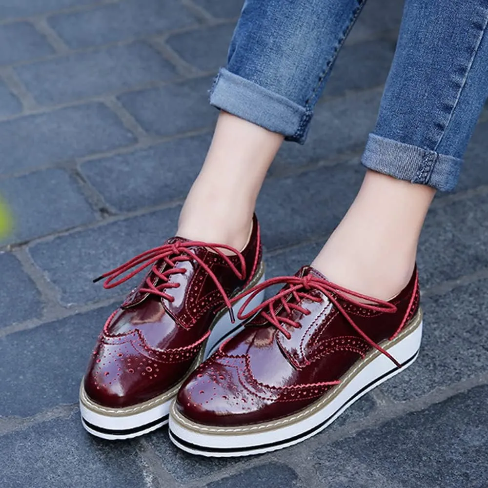 Women's Casual Platform Oxford Lace-Up Perforated Stacked Pumps Flats Loafers Brogues Dress Shoes