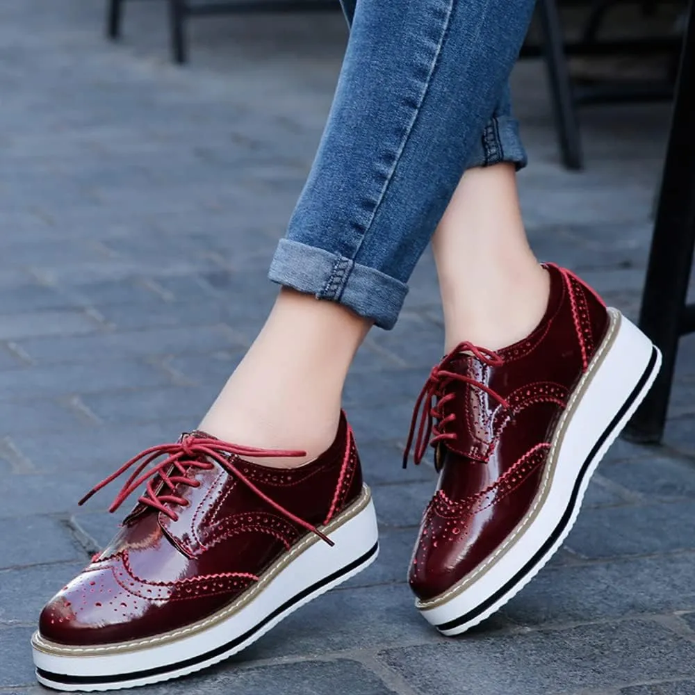 Women's Casual Platform Oxford Lace-Up Perforated Stacked Pumps Flats Loafers Brogues Dress Shoes