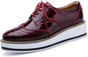 Women's Casual Platform Oxford Lace-Up Perforated Stacked Pumps Flats Loafers Brogues Dress Shoes