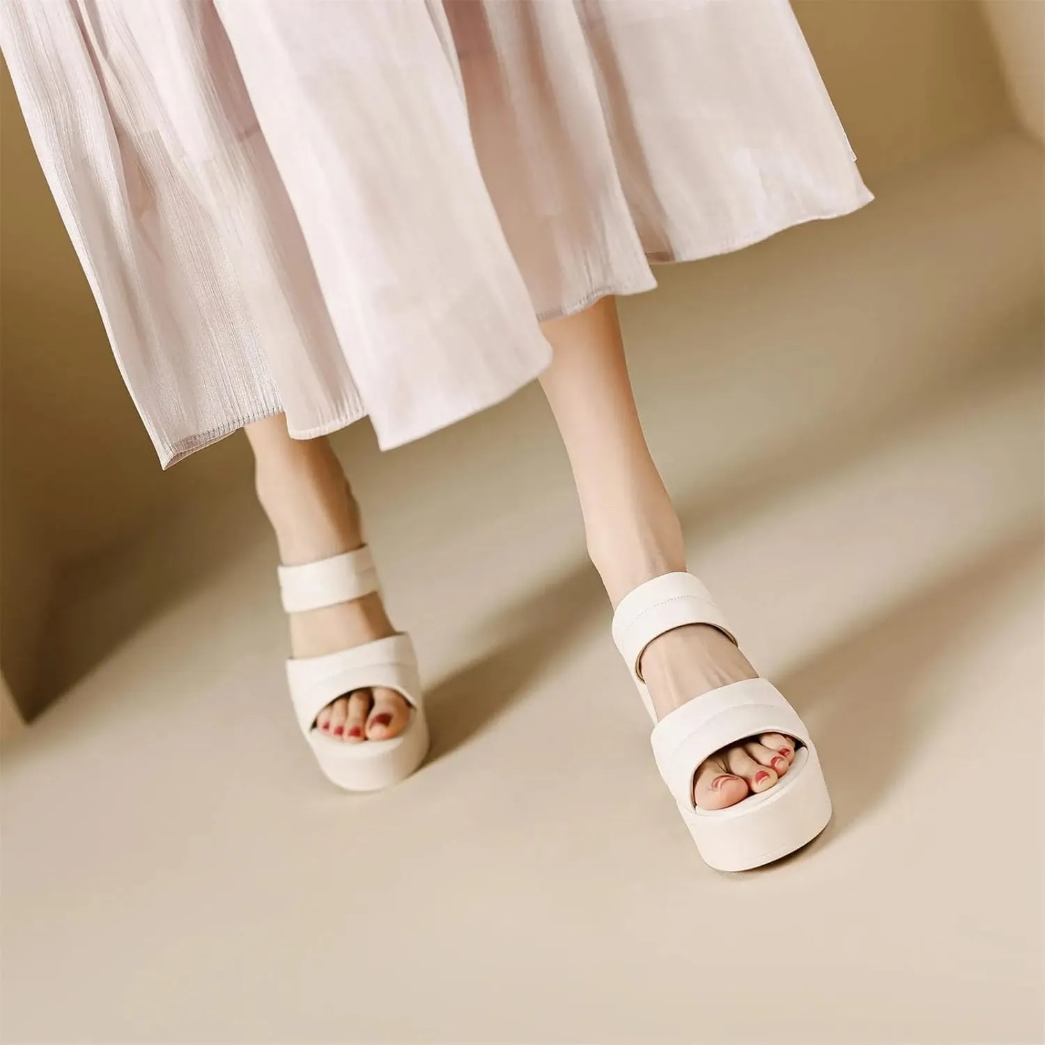 Women's Cow Leather Mules - High Heels Peep Toe Summer European Design Platform Pink