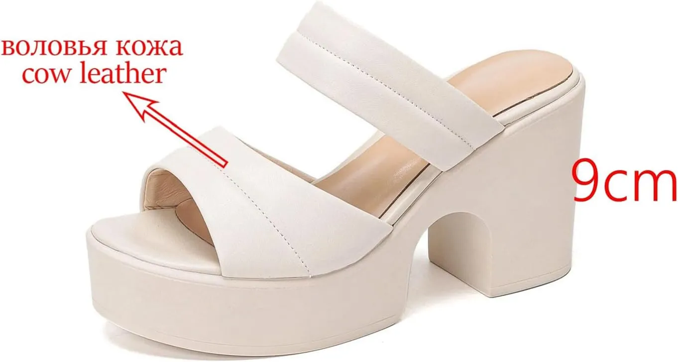 Women's Cow Leather Mules - High Heels Peep Toe Summer European Design Platform Pink