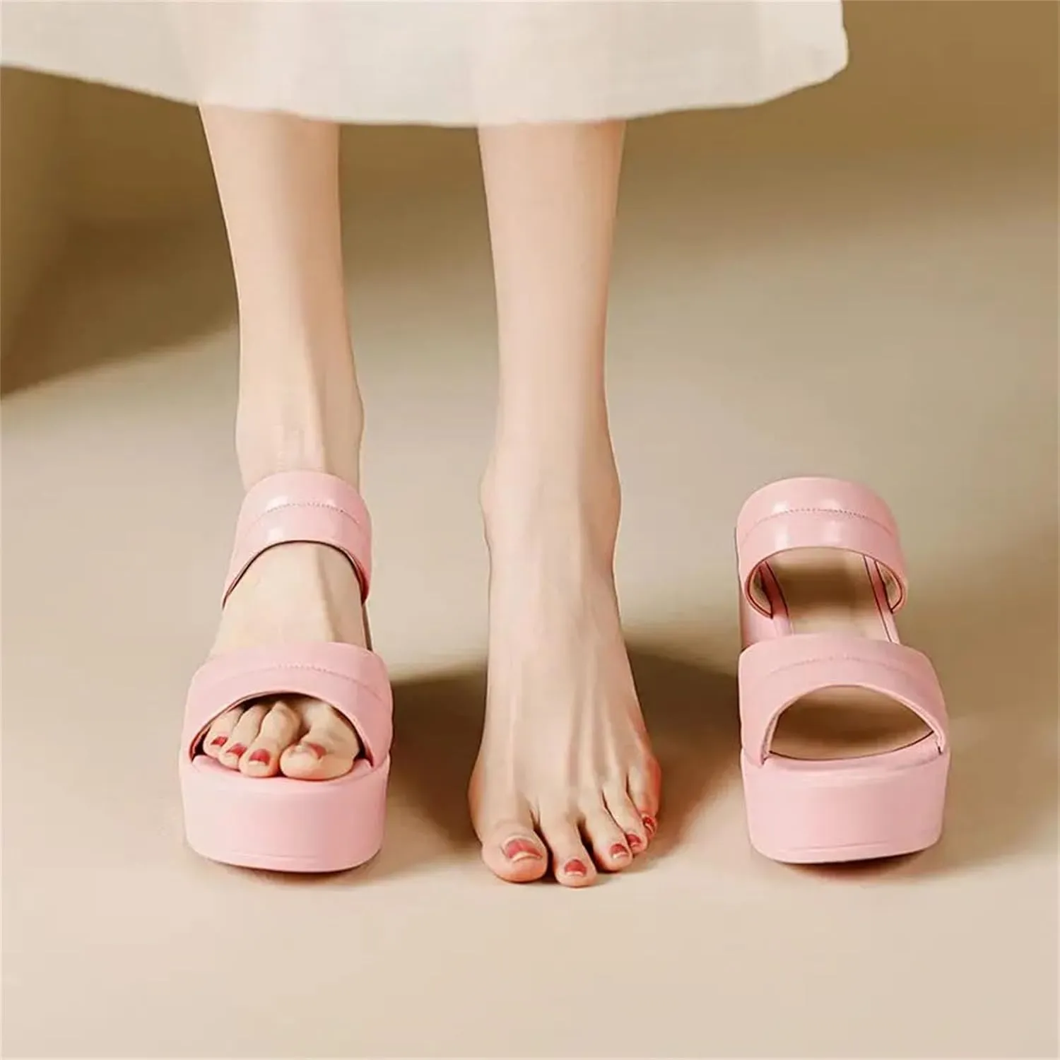 Women's Cow Leather Mules - High Heels Peep Toe Summer European Design Platform Pink