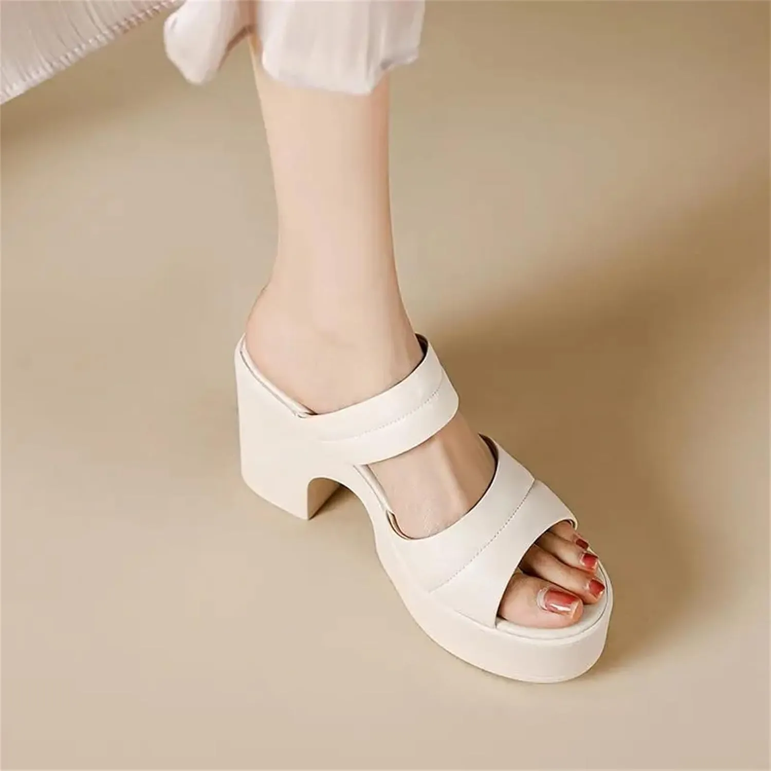 Women's Cow Leather Mules - High Heels Peep Toe Summer European Design Platform Pink