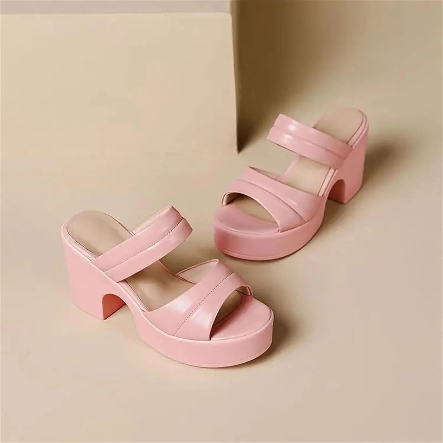 Women's Cow Leather Mules - High Heels Peep Toe Summer European Design Platform Pink