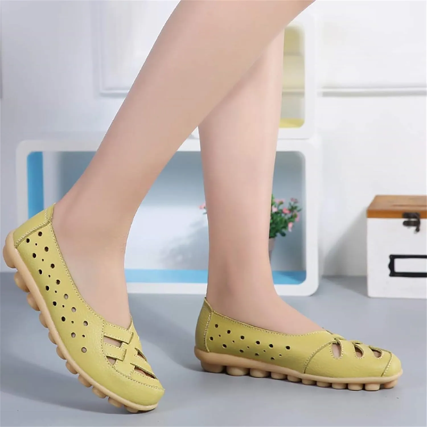 Women's Cowhide Leather Shoes Loafer Casual Slip On Shoe Driving Moccasins Closed Toe Boat Flats Walking Sandals
