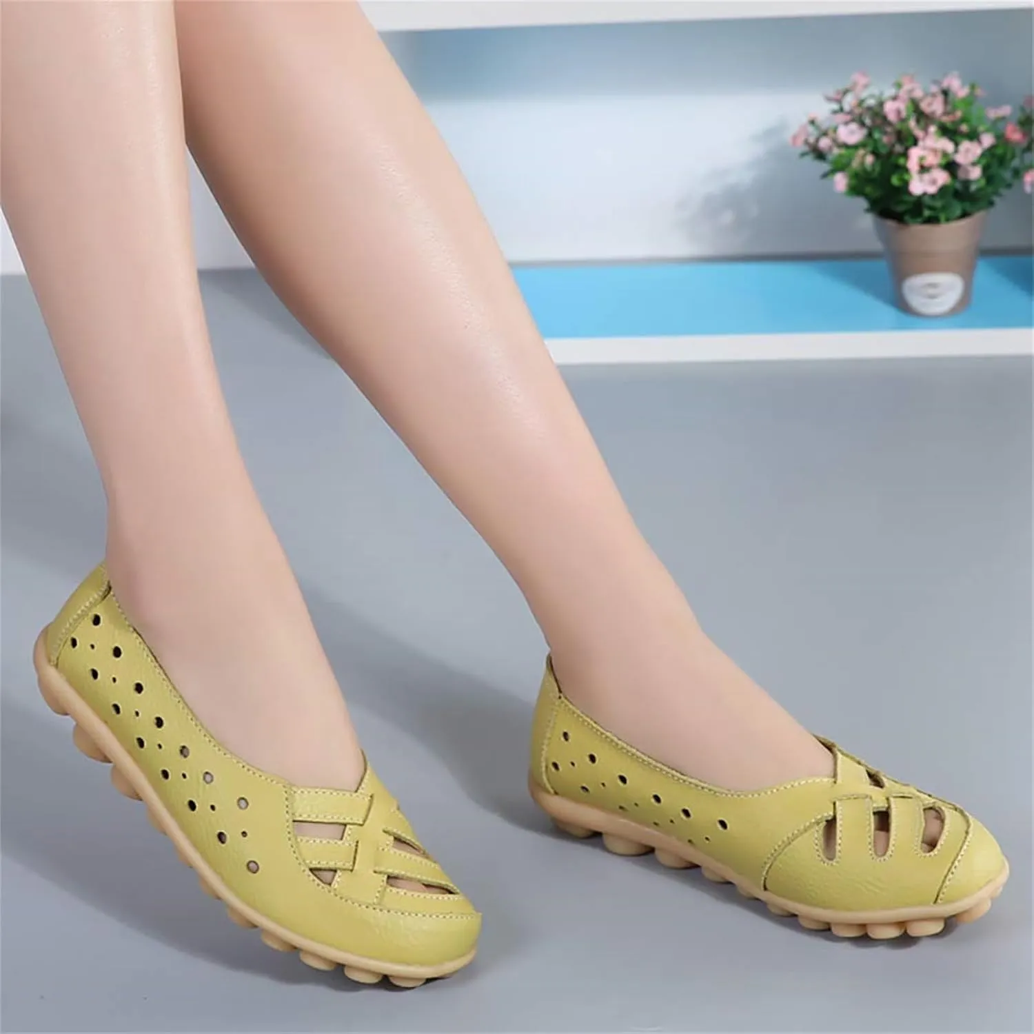 Women's Cowhide Leather Shoes Loafer Casual Slip On Shoe Driving Moccasins Closed Toe Boat Flats Walking Sandals