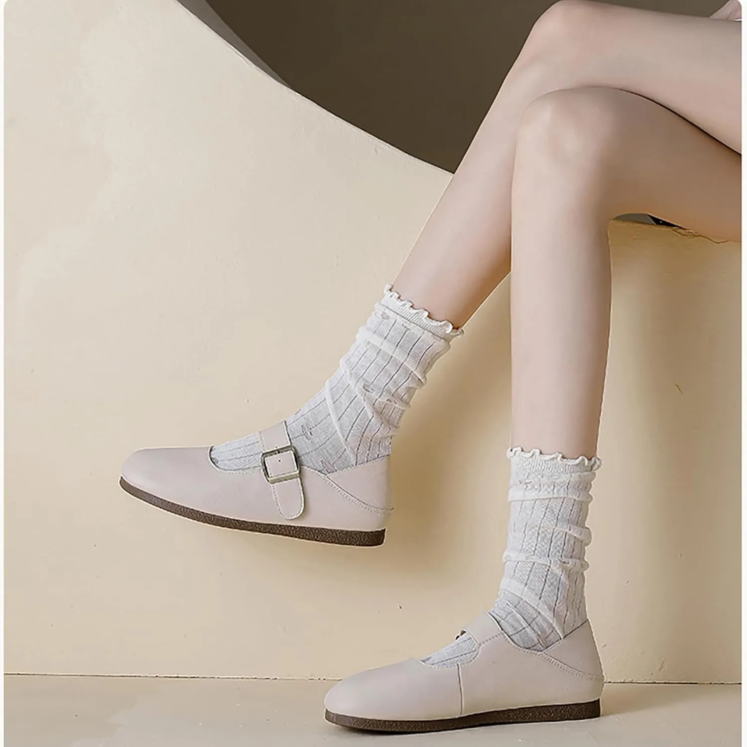 Women's Genuine Leather Round Head Flat Mary Jane Shoes with Adjustable Straps Fashio Comfortable Slip On Ballet Flats Dressy Office Work Shoes