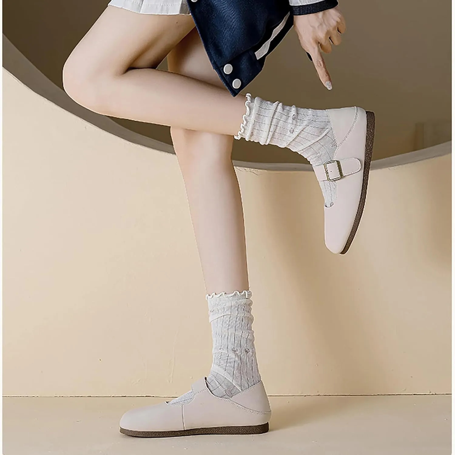 Women's Genuine Leather Round Head Flat Mary Jane Shoes with Adjustable Straps Fashio Comfortable Slip On Ballet Flats Dressy Office Work Shoes