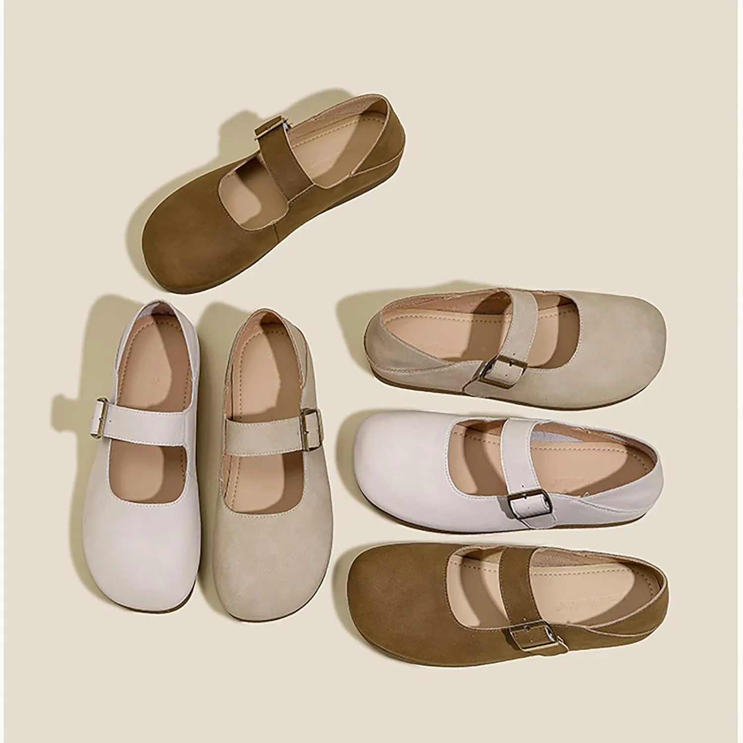 Women's Genuine Leather Round Head Flat Mary Jane Shoes with Adjustable Straps Fashio Comfortable Slip On Ballet Flats Dressy Office Work Shoes