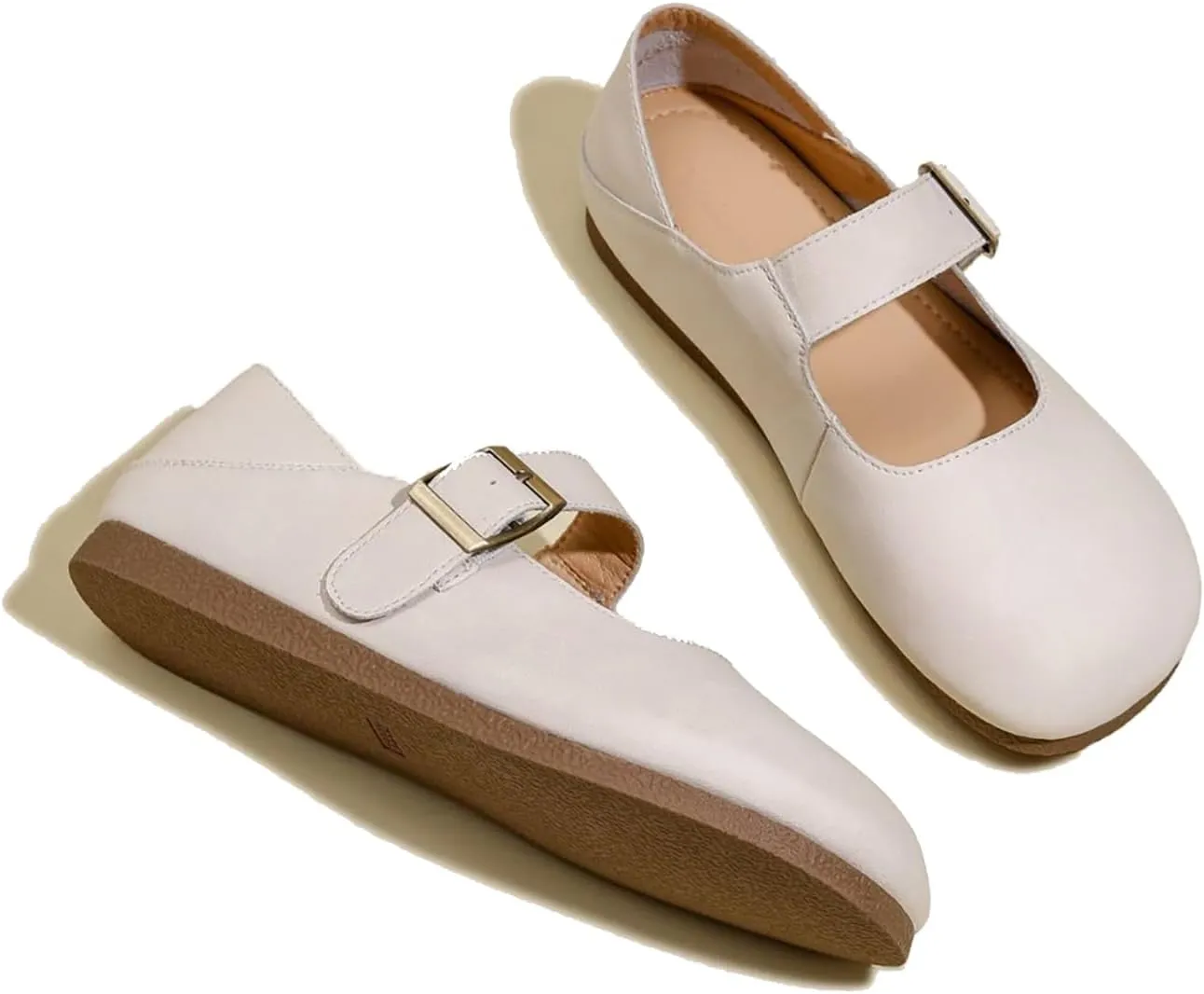 Women's Genuine Leather Round Head Flat Mary Jane Shoes with Adjustable Straps Fashio Comfortable Slip On Ballet Flats Dressy Office Work Shoes