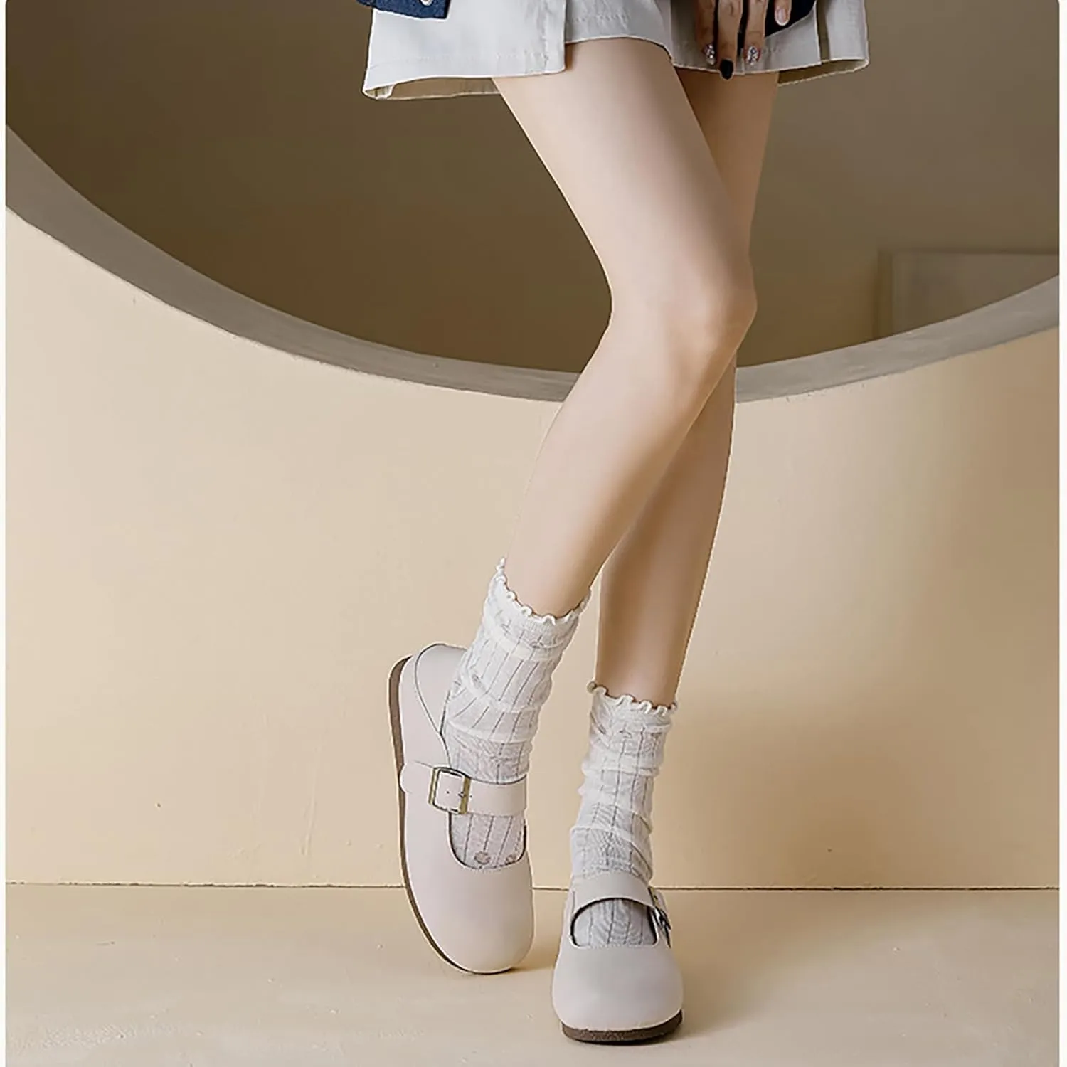 Women's Genuine Leather Round Head Flat Mary Jane Shoes with Adjustable Straps Fashio Comfortable Slip On Ballet Flats Dressy Office Work Shoes
