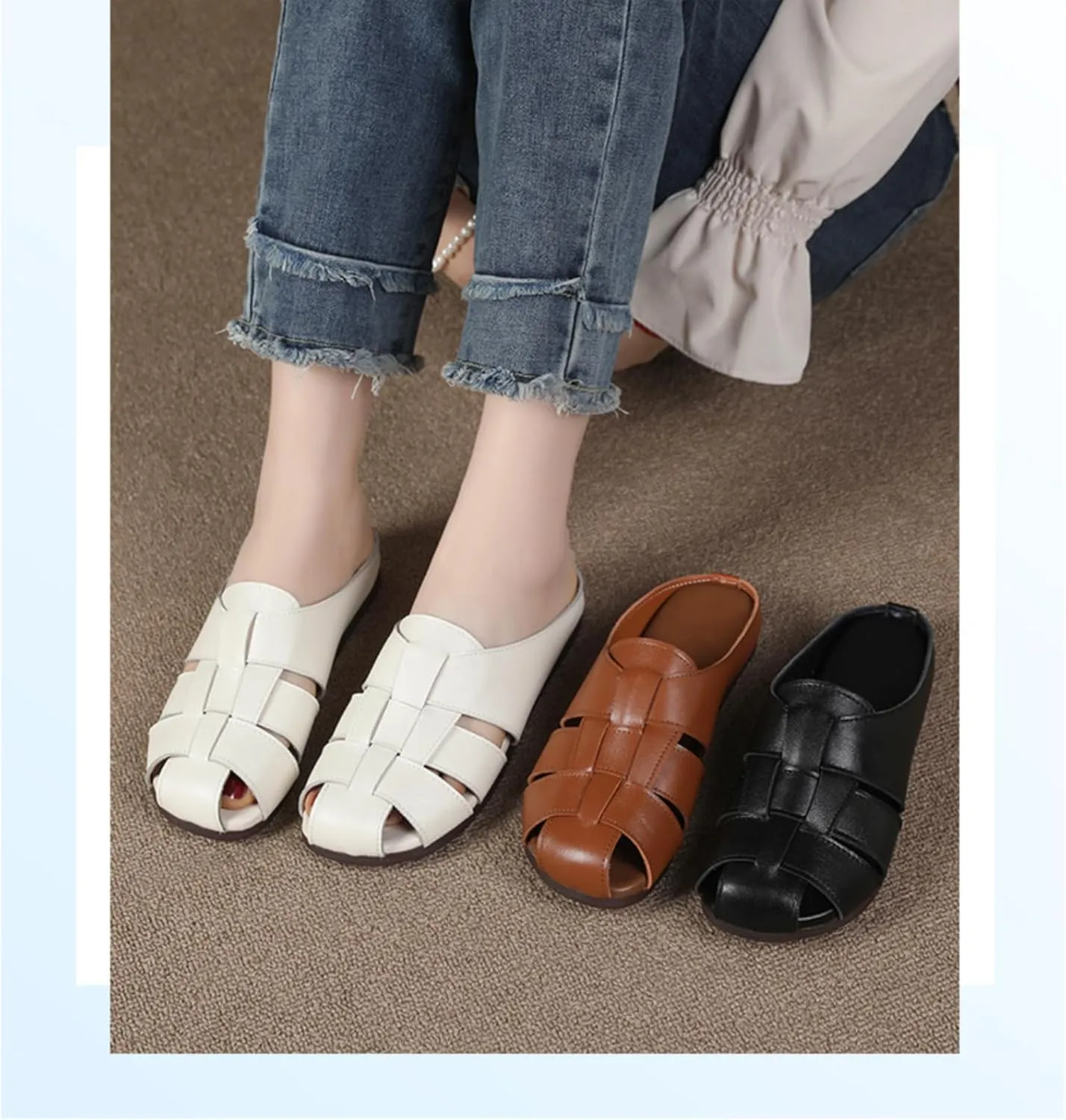 Women's Genuine Leather Woven Slingback Hollow Flat Mules Summer Closed Round Toe Slip On Non-Slip Soft Bottom Fashion Retro Cage Casual Half Slides Vacation Beach