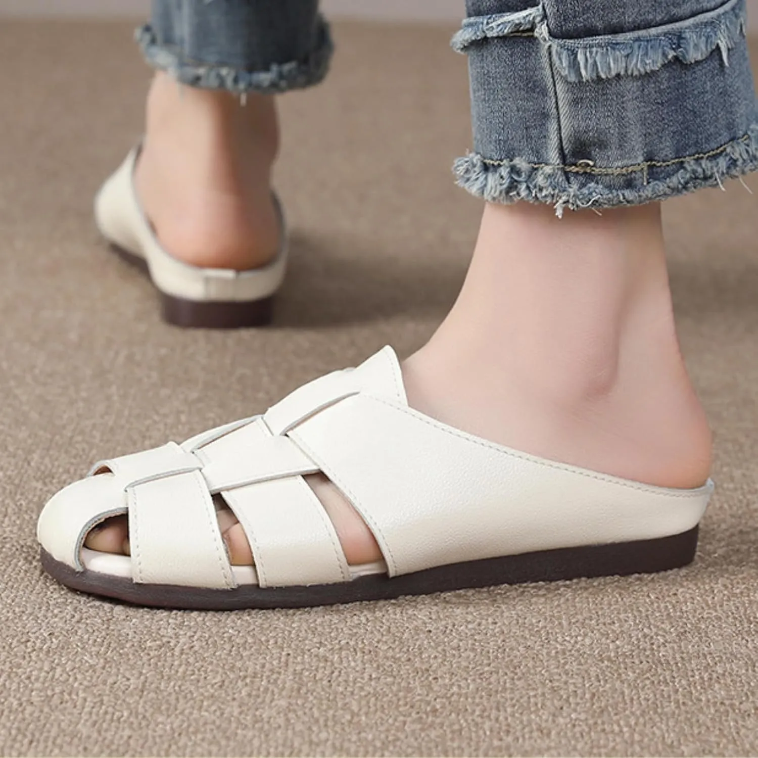 Women's Genuine Leather Woven Slingback Hollow Flat Mules Summer Closed Round Toe Slip On Non-Slip Soft Bottom Fashion Retro Cage Casual Half Slides Vacation Beach
