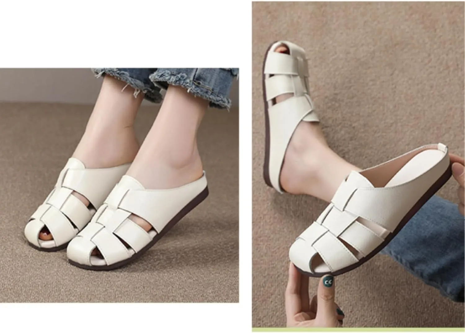 Women's Genuine Leather Woven Slingback Hollow Flat Mules Summer Closed Round Toe Slip On Non-Slip Soft Bottom Fashion Retro Cage Casual Half Slides Vacation Beach