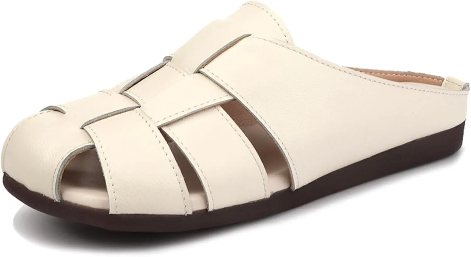 Women's Genuine Leather Woven Slingback Hollow Flat Mules Summer Closed Round Toe Slip On Non-Slip Soft Bottom Fashion Retro Cage Casual Half Slides Vacation Beach