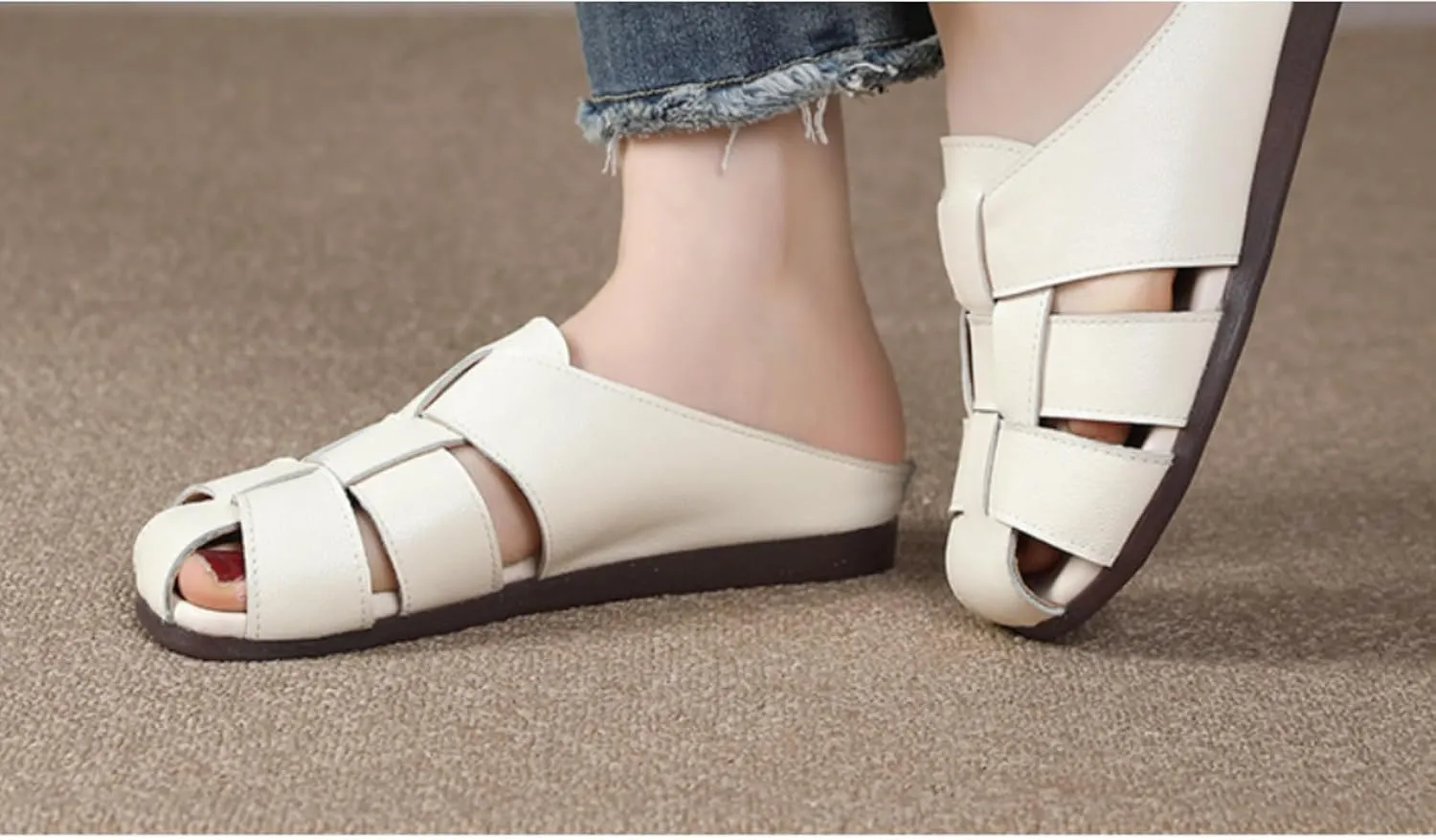 Women's Genuine Leather Woven Slingback Hollow Flat Mules Summer Closed Round Toe Slip On Non-Slip Soft Bottom Fashion Retro Cage Casual Half Slides Vacation Beach