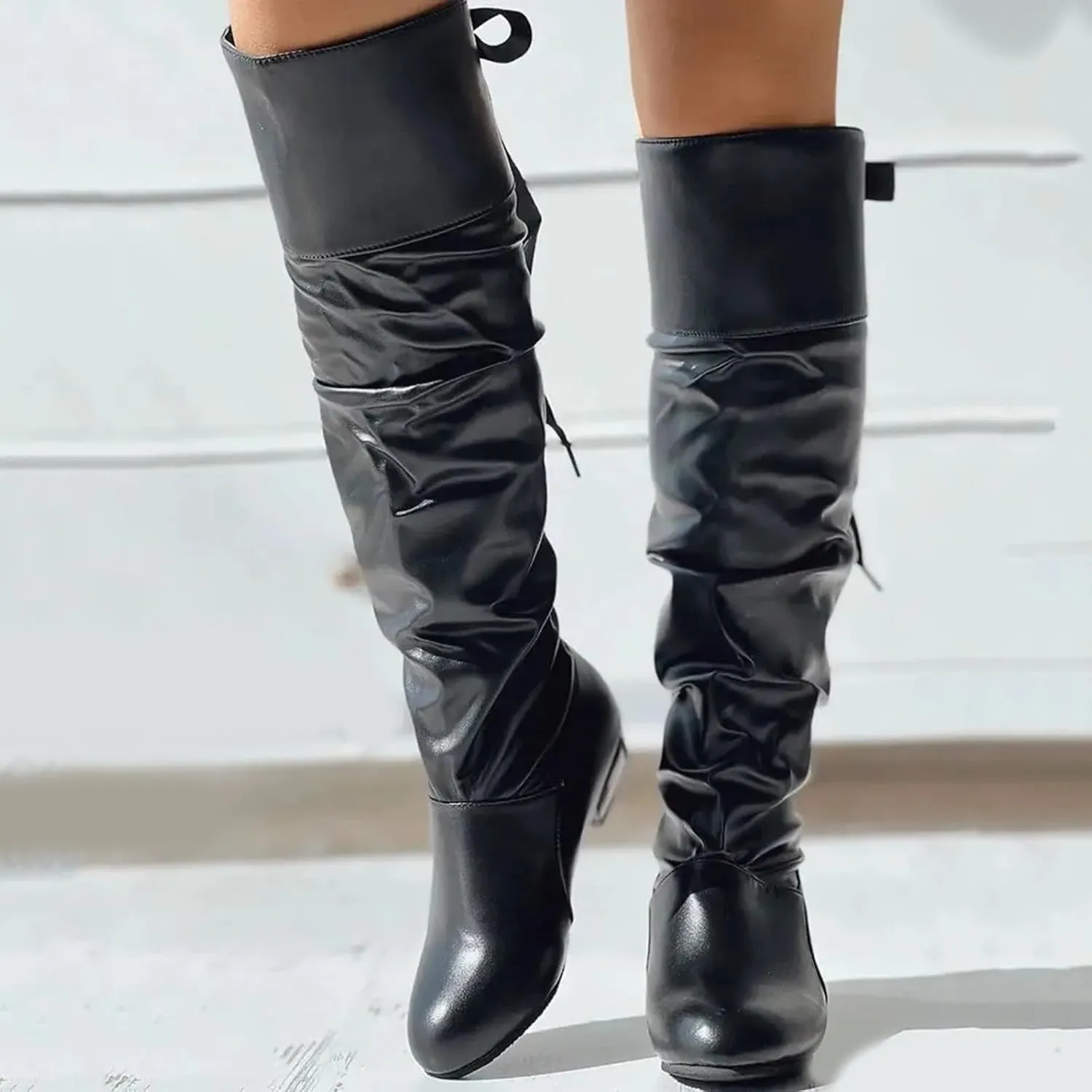 Womens Lace Tie Boots Bow Pleated Thick Warm Knee High Boots Winter Soft Leather Low Heels Slouch Party Dress Booties