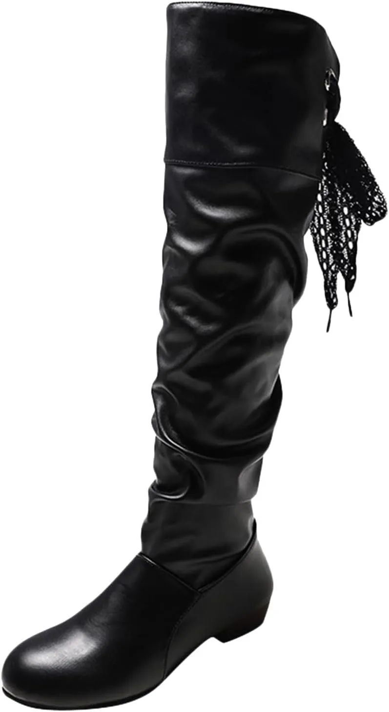 Womens Lace Tie Boots Bow Pleated Thick Warm Knee High Boots Winter Soft Leather Low Heels Slouch Party Dress Booties