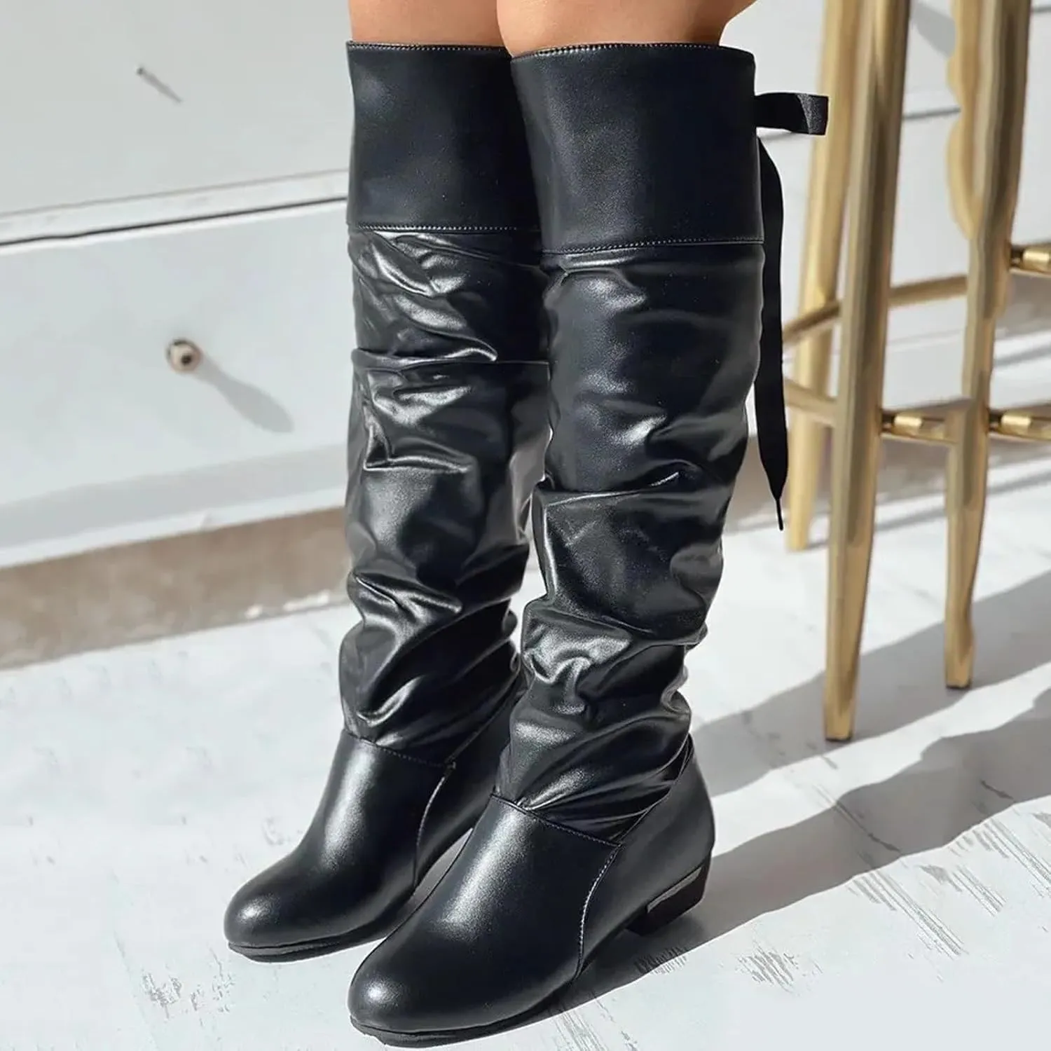 Womens Lace Tie Boots Bow Pleated Thick Warm Knee High Boots Winter Soft Leather Low Heels Slouch Party Dress Booties