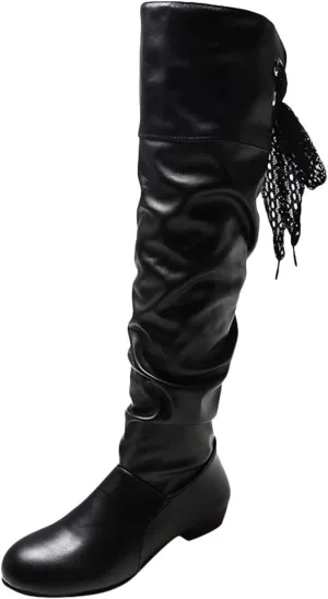 Womens Lace Tie Boots Bow Pleated Thick Warm Knee High Boots Winter Soft Leather Low Heels Slouch Party Dress Booties