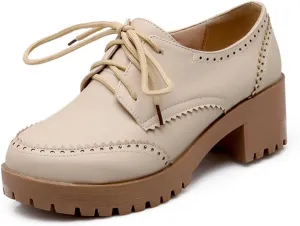 Women's Leather Chunky Block Heel Classic Oxfords Retro Round Toe Chunky Platform Lug Sole Non-Slip Perforated Lace-Up Business Formal Shoes