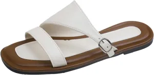 Women's Leather Double Strap Square Toe Flat Sandals Lightweight Comfortable Slip On Open Toe Adjustable Buckles Casual Beach Slippers for Indoor and Outdoor Vacations