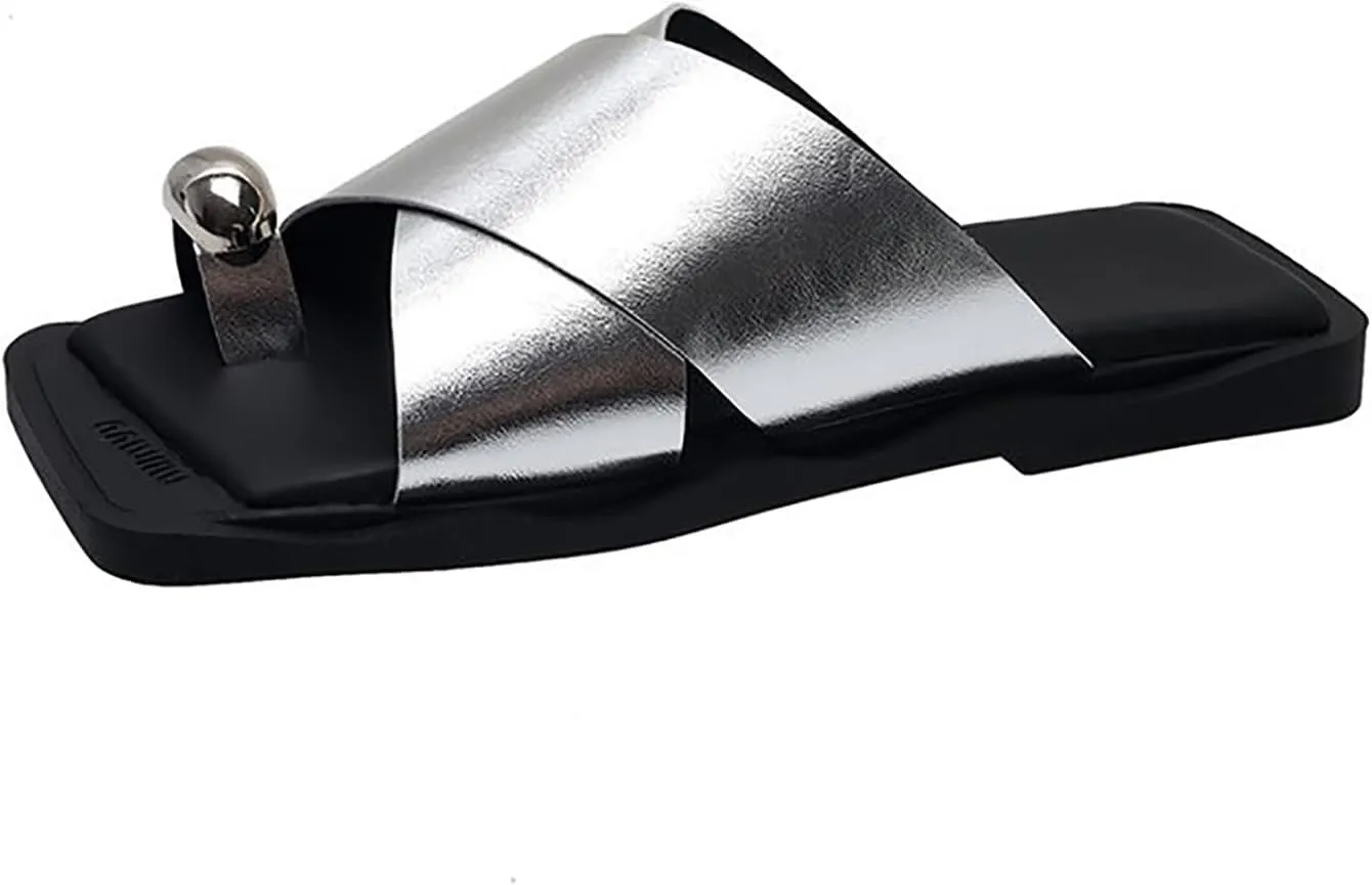 Women's Leather Metal Button Toe Ring Slides Sandals Retro Comfort Wide Square Toe Slip on Summer Flat Slippers for Party Beach Wedding Walking Slippers