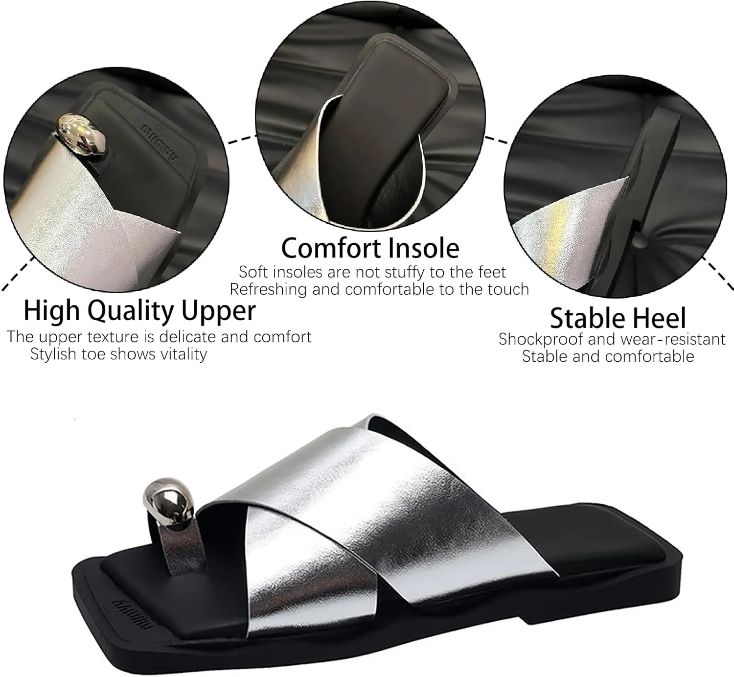Women's Leather Metal Button Toe Ring Slides Sandals Retro Comfort Wide Square Toe Slip on Summer Flat Slippers for Party Beach Wedding Walking Slippers