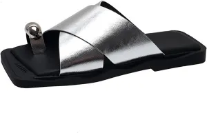 Women's Leather Metal Button Toe Ring Slides Sandals Retro Comfort Wide Square Toe Slip on Summer Flat Slippers for Party Beach Wedding Walking Slippers