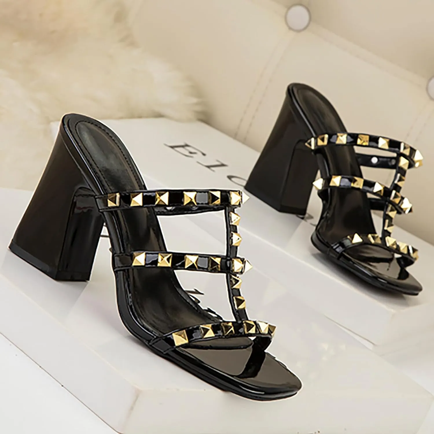 Women'S Leather T-Strap Strappy Studded Chunky Heel Slide Sandals Fashion Multi Band Square Toe Open Slip On Comfort Block High Heel Slingback Mule Slipper For Beach Prom Party Wedding Dress