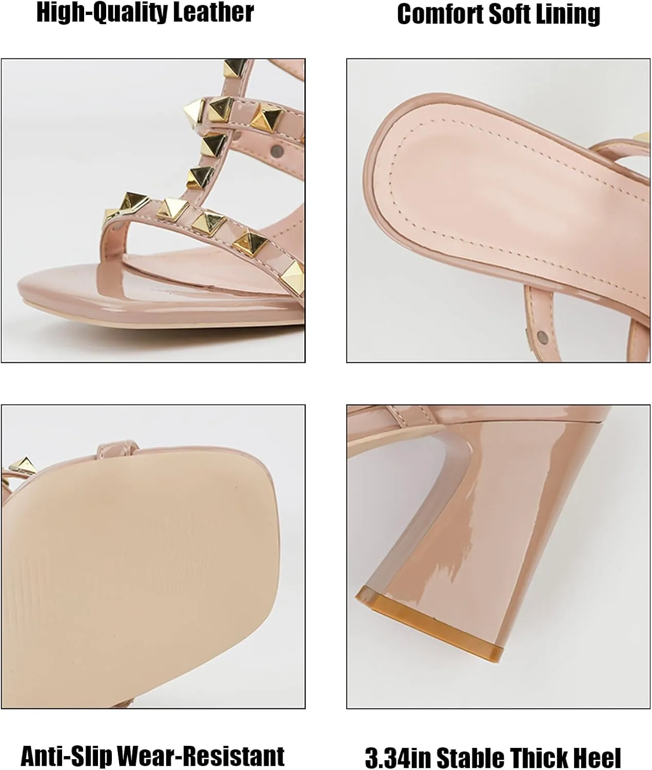 Women'S Leather T-Strap Strappy Studded Chunky Heel Slide Sandals Fashion Multi Band Square Toe Open Slip On Comfort Block High Heel Slingback Mule Slipper For Beach Prom Party Wedding Dress