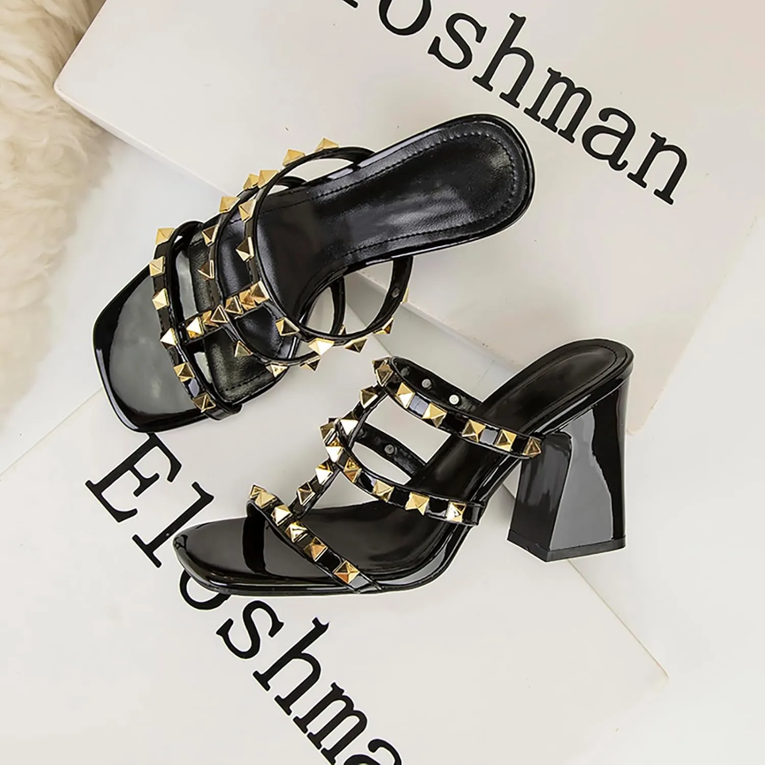 Women'S Leather T-Strap Strappy Studded Chunky Heel Slide Sandals Fashion Multi Band Square Toe Open Slip On Comfort Block High Heel Slingback Mule Slipper For Beach Prom Party Wedding Dress