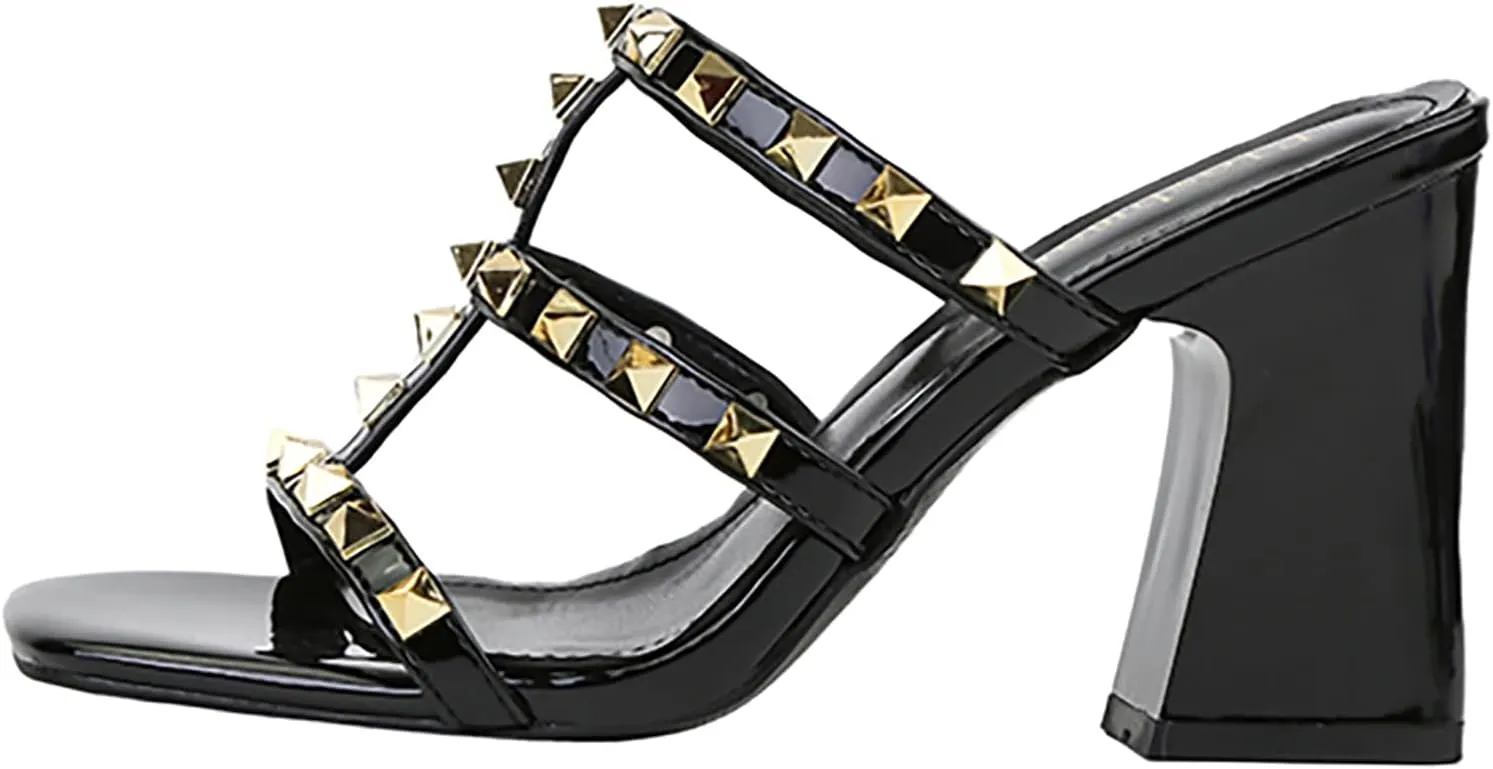 Women'S Leather T-Strap Strappy Studded Chunky Heel Slide Sandals Fashion Multi Band Square Toe Open Slip On Comfort Block High Heel Slingback Mule Slipper For Beach Prom Party Wedding Dress