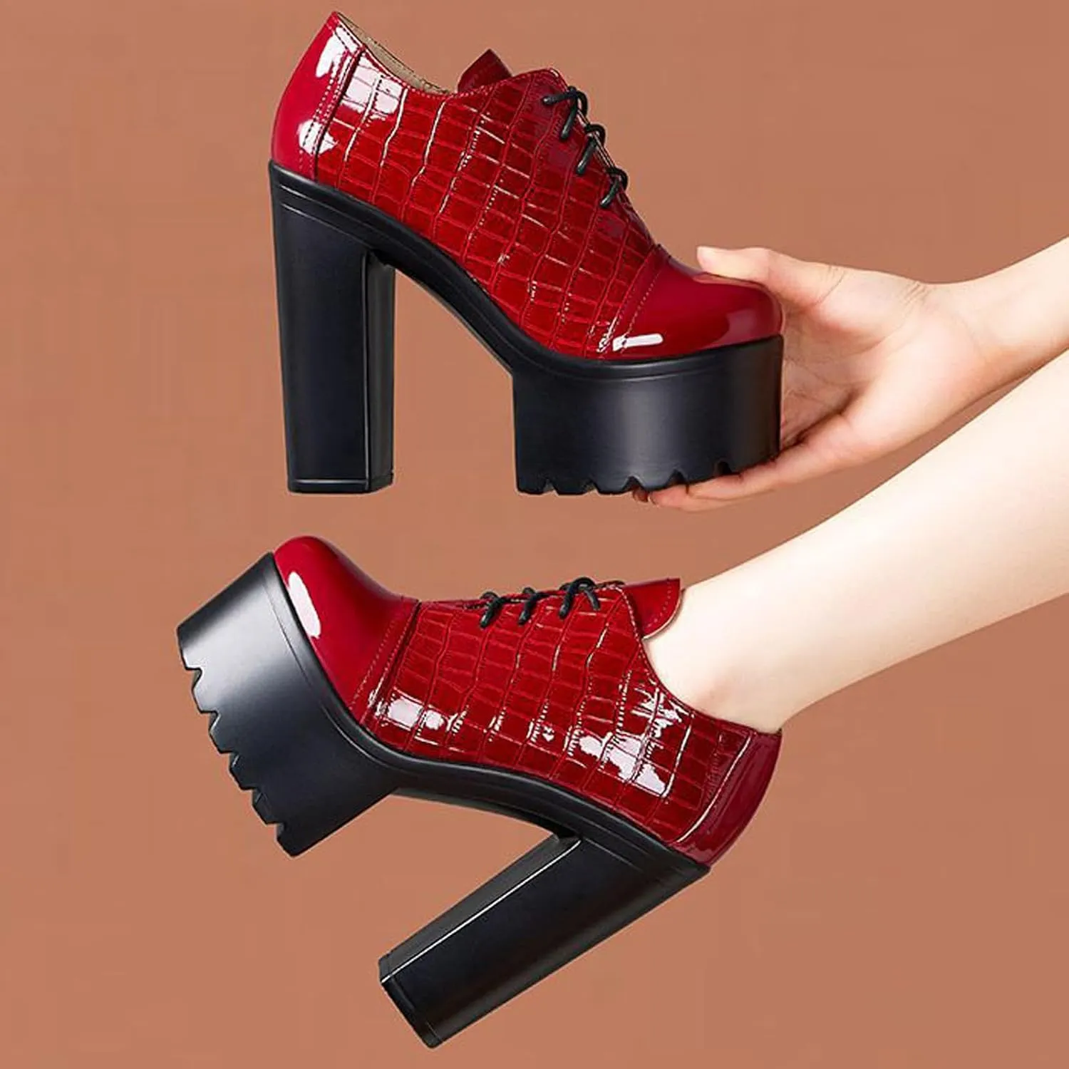 Women's Leather Textured Super High Heel Oxford Shoes Sexy Round Toe Chunky Platform Non-Slip Work Business Activities Lace-Up Formal Dress High Heels