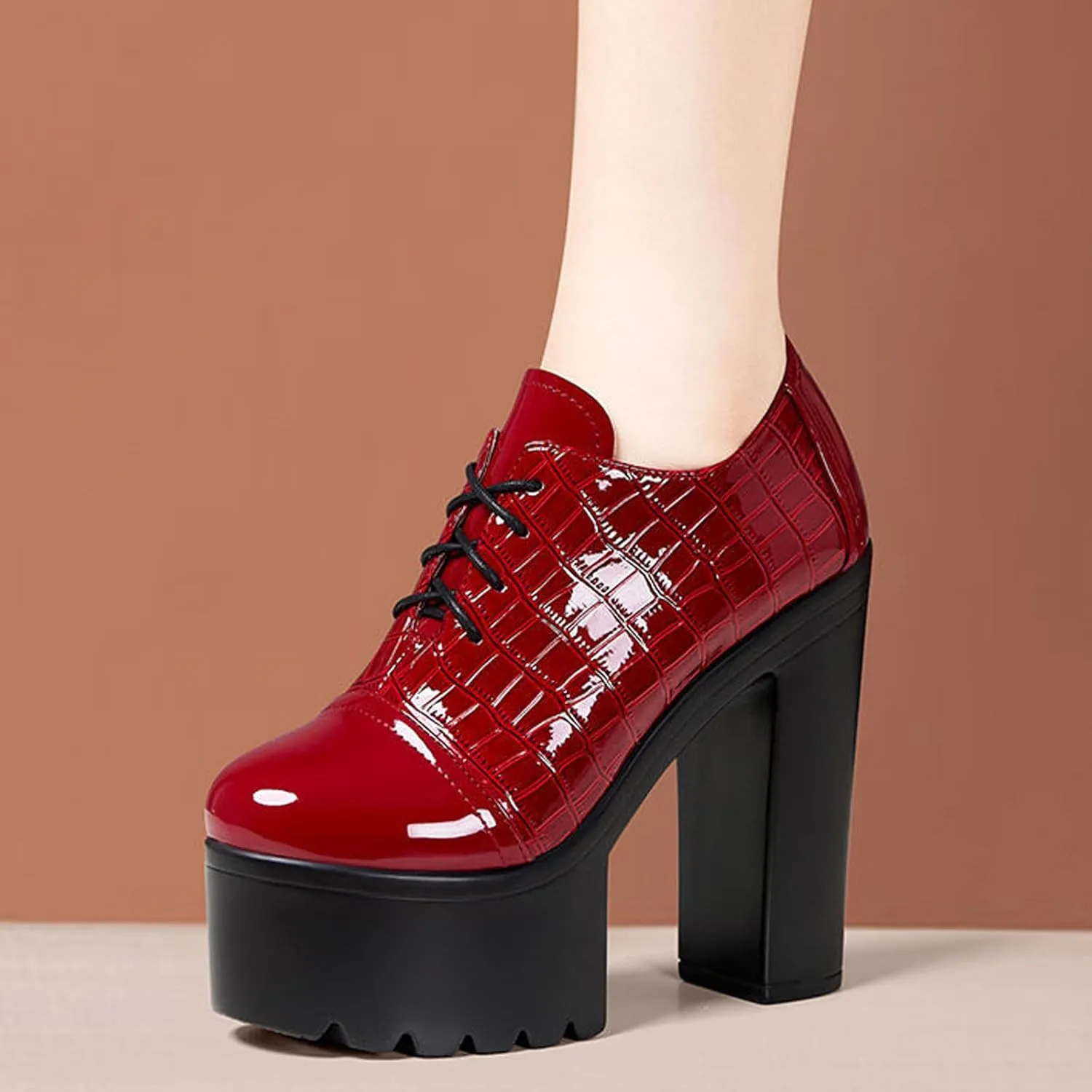 Women's Leather Textured Super High Heel Oxford Shoes Sexy Round Toe Chunky Platform Non-Slip Work Business Activities Lace-Up Formal Dress High Heels