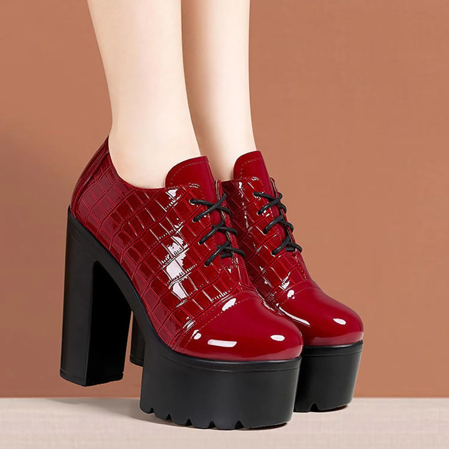 Women's Leather Textured Super High Heel Oxford Shoes Sexy Round Toe Chunky Platform Non-Slip Work Business Activities Lace-Up Formal Dress High Heels