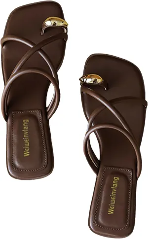 Women's Metal Toe Ring Strappy Flat Sandals Square Open Toe Comfortable Slip-On Low Heel Slide Sandals Summer Fashion Casual Beach Slipper