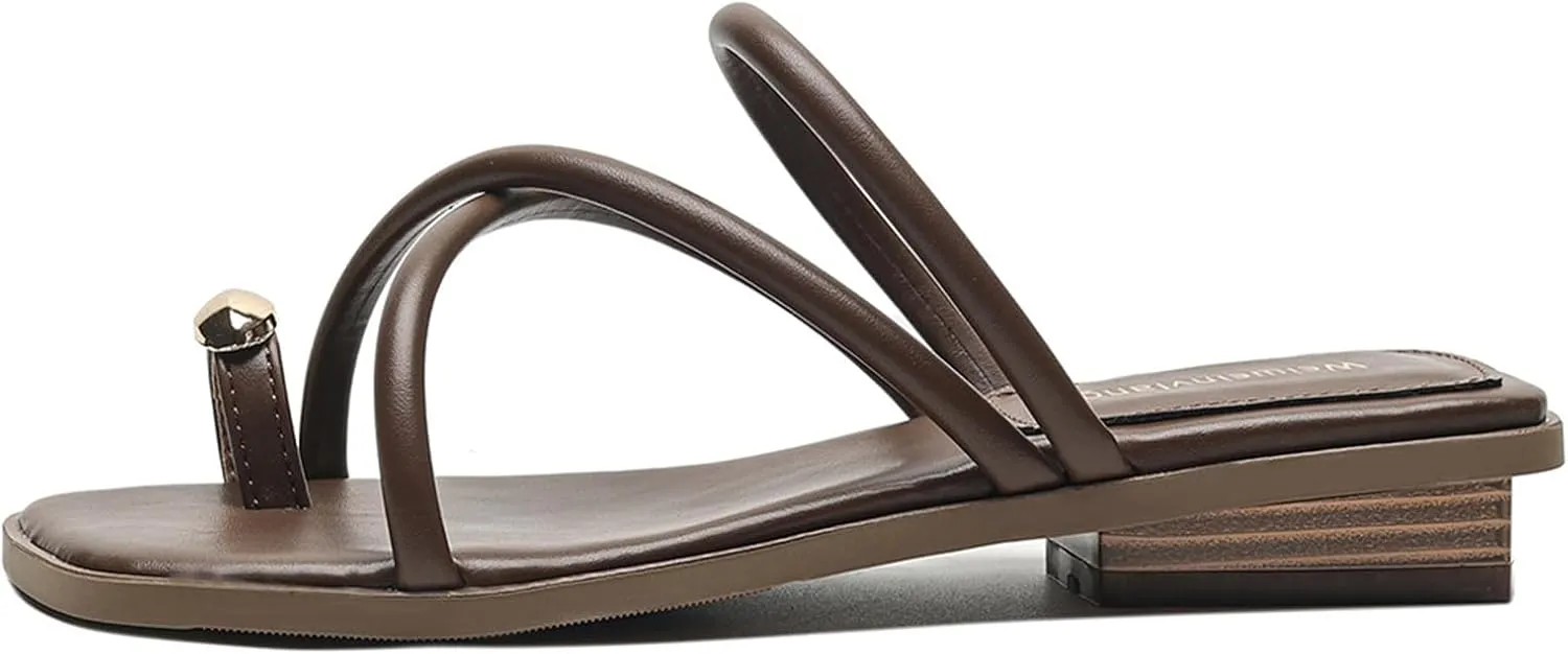 Women's Metal Toe Ring Strappy Flat Sandals Square Open Toe Comfortable Slip-On Low Heel Slide Sandals Summer Fashion Casual Beach Slipper