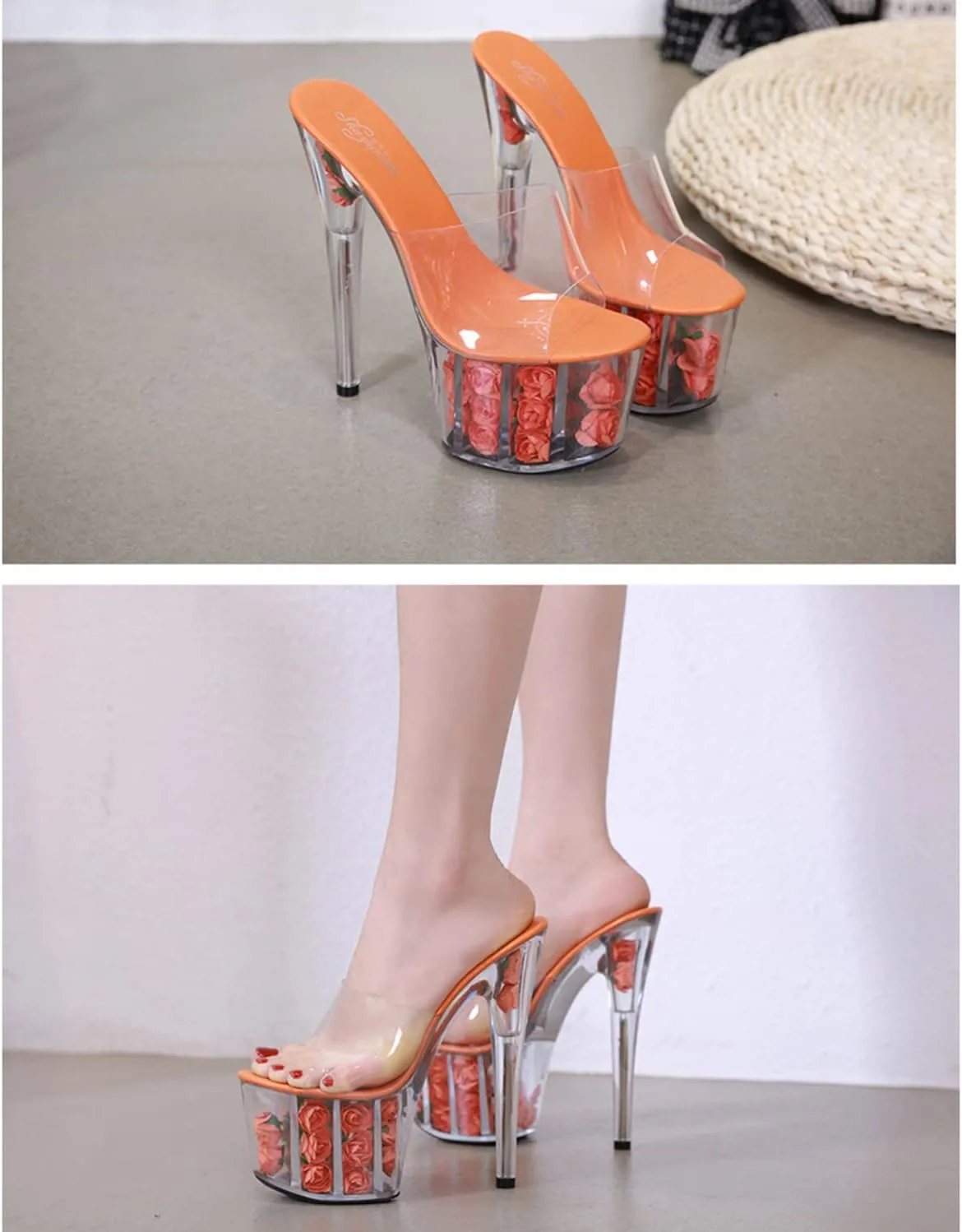 Women's Open Toe High Heeled Sandals PVC Transparent Platform Stiletto Sandals Slide On Heeled Mule Shoes Summer Dress Rose Flower Soles high Heels 17cm/6.7inch