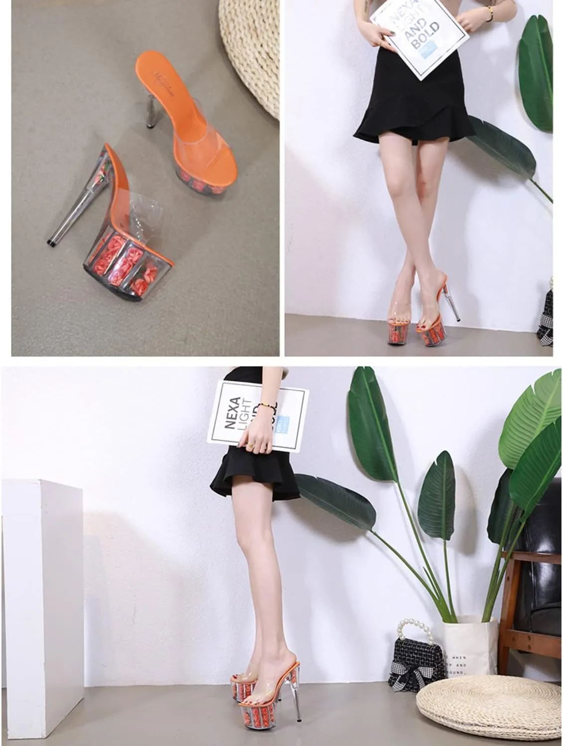Women's Open Toe High Heeled Sandals PVC Transparent Platform Stiletto Sandals Slide On Heeled Mule Shoes Summer Dress Rose Flower Soles high Heels 17cm/6.7inch