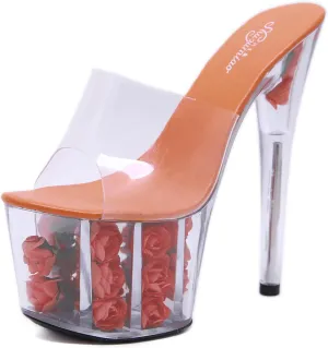 Women's Open Toe High Heeled Sandals PVC Transparent Platform Stiletto Sandals Slide On Heeled Mule Shoes Summer Dress Rose Flower Soles high Heels 17cm/6.7inch