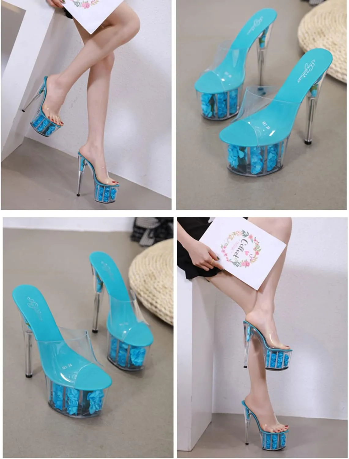 Women's Open Toe High Heeled Sandals PVC Transparent Platform Stiletto Sandals Slide On Heeled Mule Shoes Summer Dress Rose Flower Soles high Heels 17cm/6.7inch