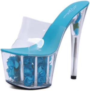 Women's Open Toe High Heeled Sandals PVC Transparent Platform Stiletto Sandals Slide On Heeled Mule Shoes Summer Dress Rose Flower Soles high Heels 17cm/6.7inch